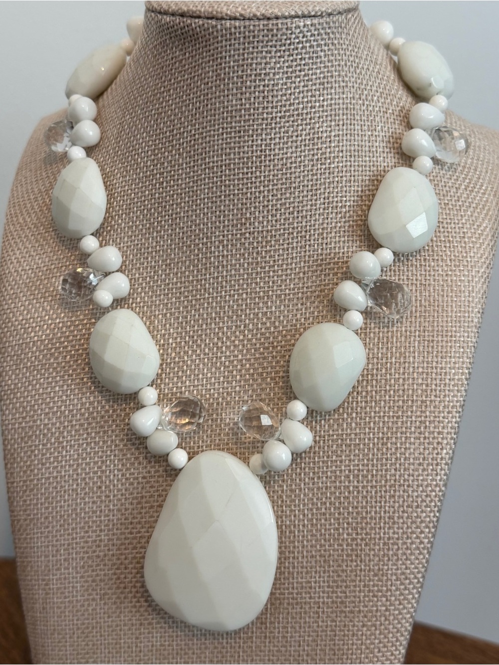 Artisan White Faceted Milk Glass and Crystal Teardrop Vintage Statement Necklace